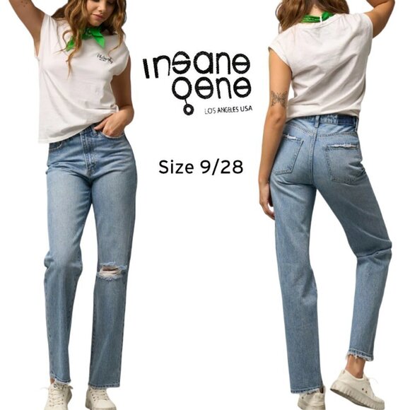 Insane Gene Ripped Straight Jeans 100% Cotton Hi Rise Light Wash 9/28 - Picture 1 of 16